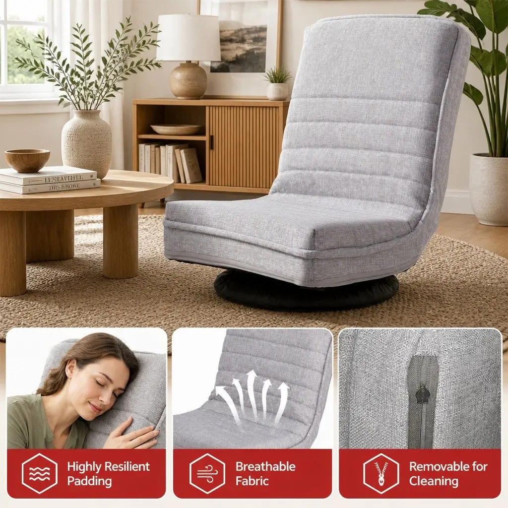 4 Piece Swivel Floor Chair Adjustable Foldable Lounge Seat Beige Metal Fabric
