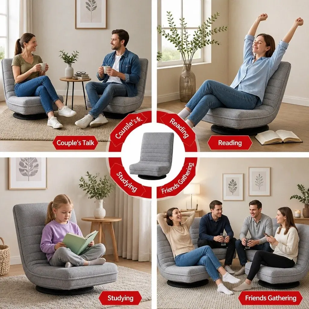 4 Piece Swivel Floor Chair Adjustable Foldable Lounge Seat Beige Metal Fabric