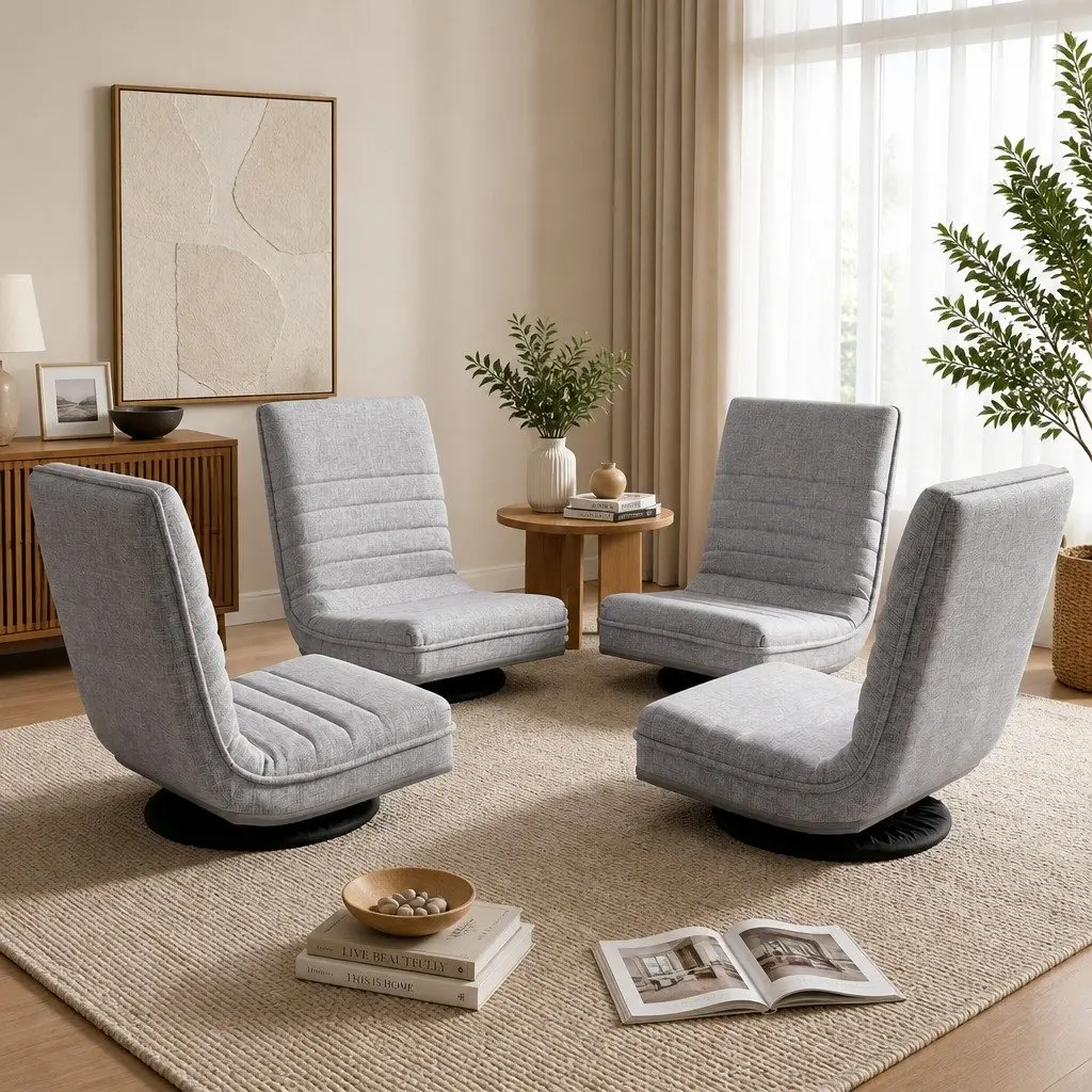 4 Piece Swivel Floor Chair Adjustable Foldable Lounge Seat Beige Metal Fabric