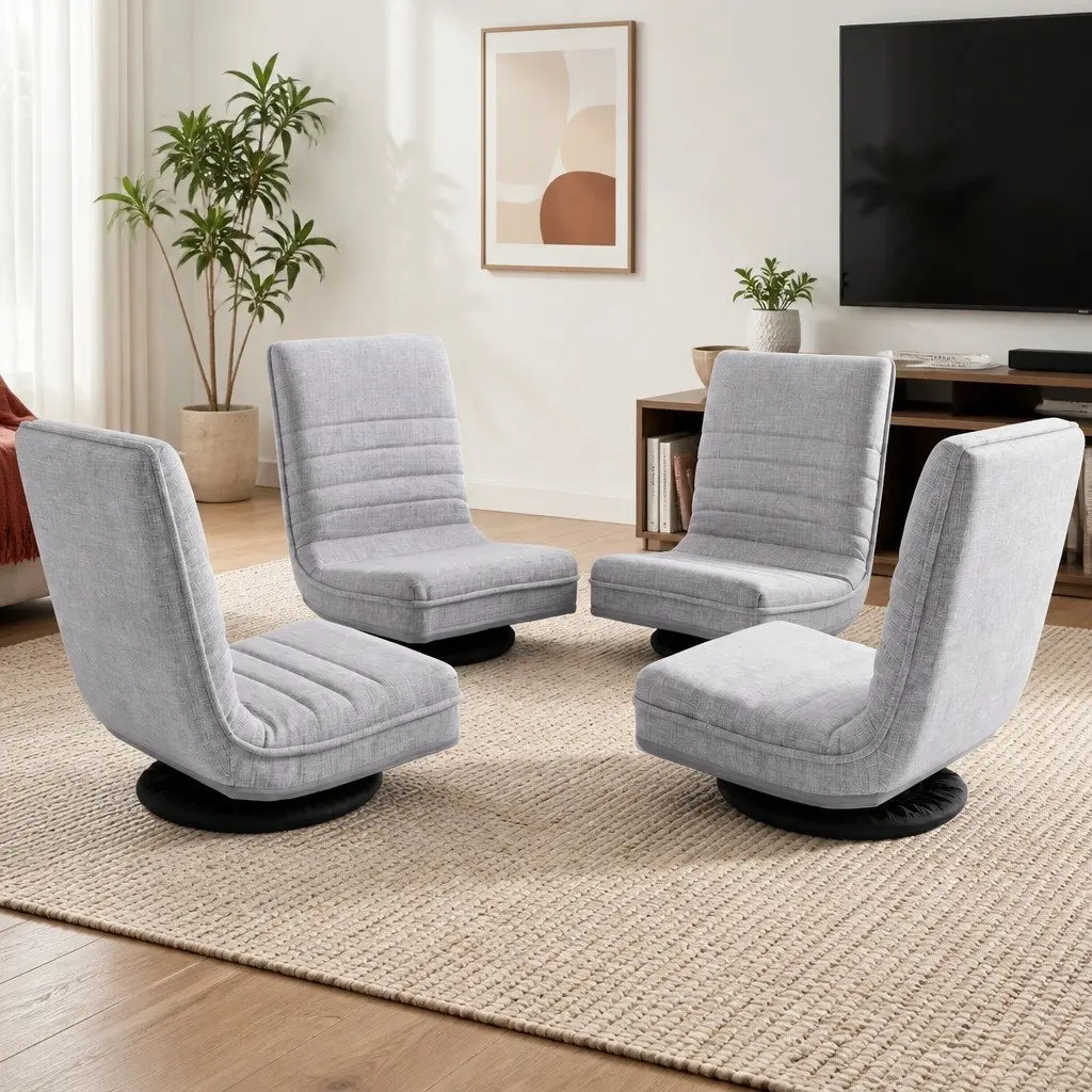 4 Piece Swivel Floor Chair Adjustable Foldable Lounge Seat Beige Metal Fabric