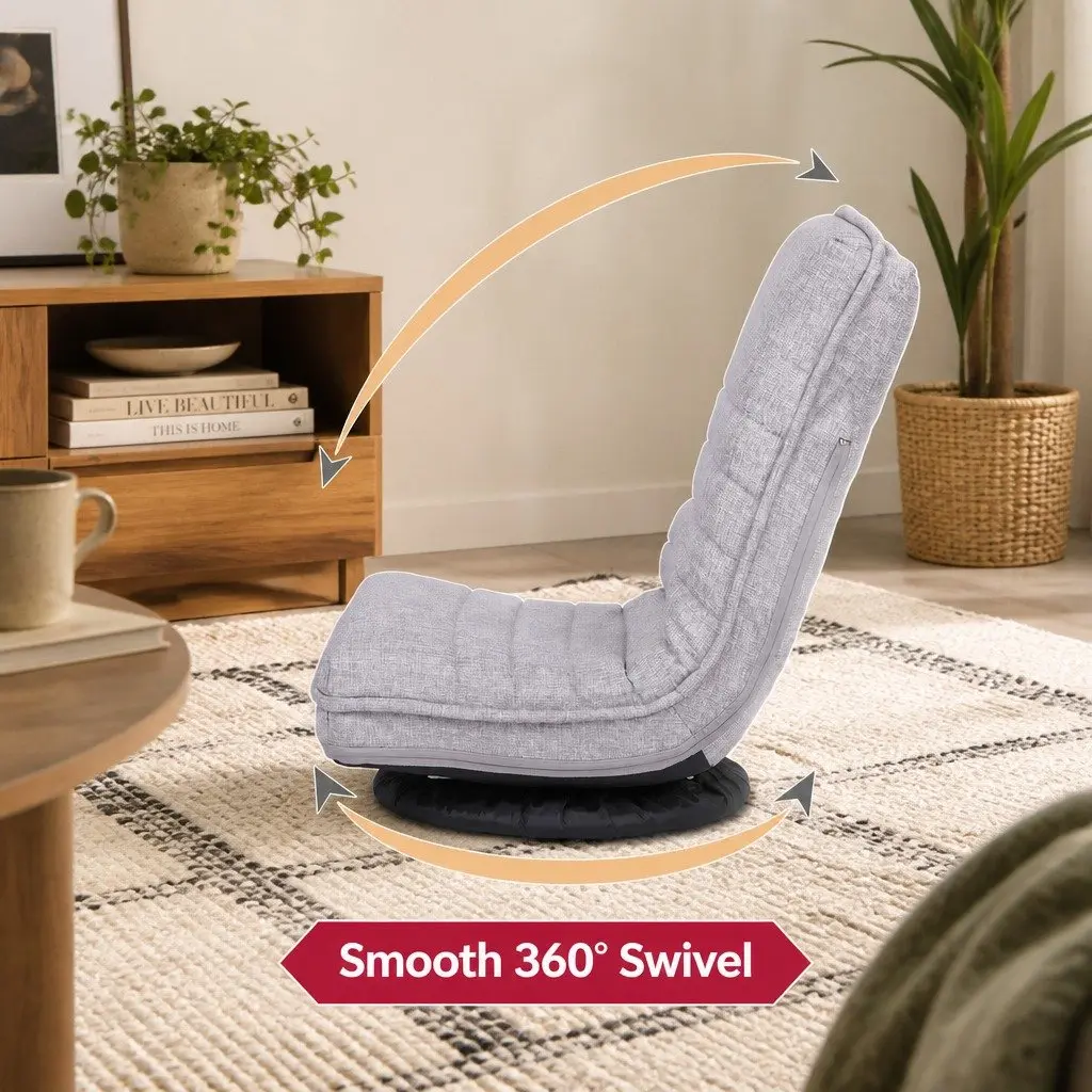 Swivel Floor Chair Adjustable Foldable Lounge Seat Beige Fabric 45cm W x 55cm D x 57cm H Metal Frame