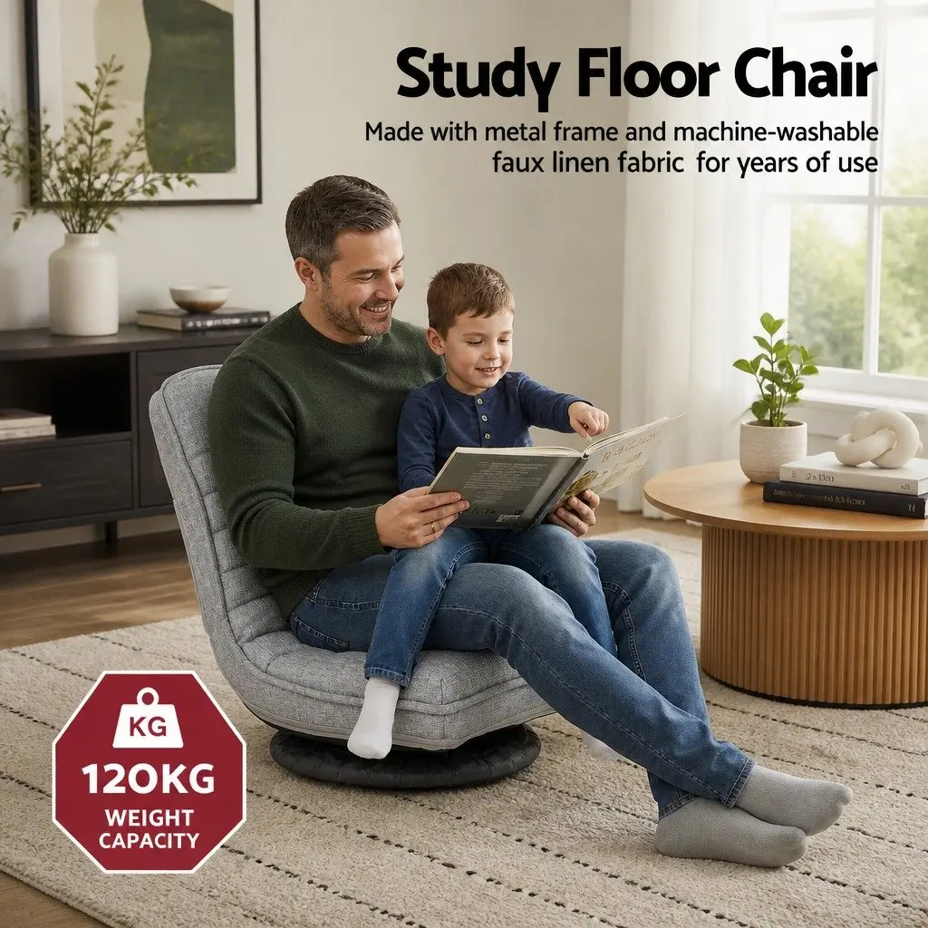 Swivel Floor Chair Adjustable Foldable Lounge Seat Beige Fabric 45cm W x 55cm D x 57cm H Metal Frame