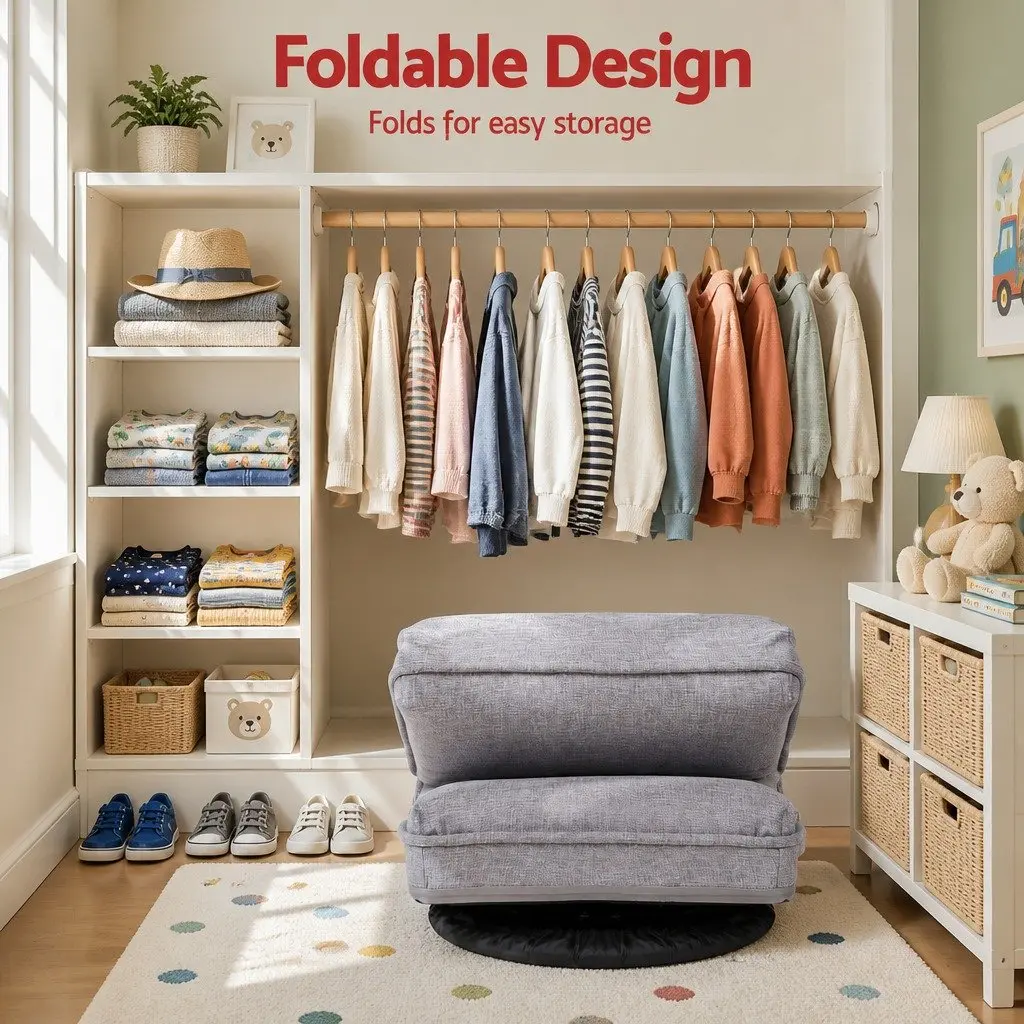 Swivel Floor Chair Adjustable Foldable Lounge Seat Beige Fabric 45cm W x 55cm D x 57cm H Metal Frame