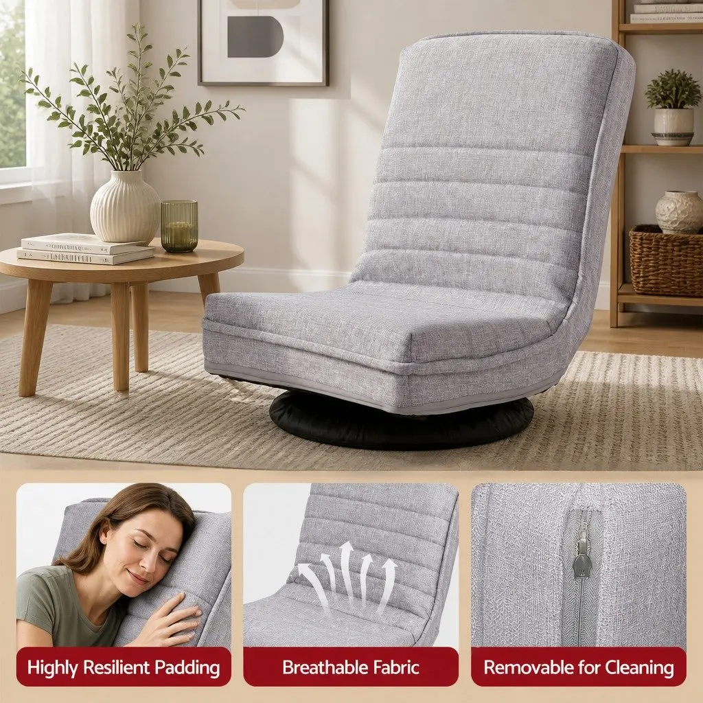 Swivel Floor Chair Adjustable Foldable Lounge Seat Beige Fabric 45cm W x 55cm D x 57cm H Metal Frame