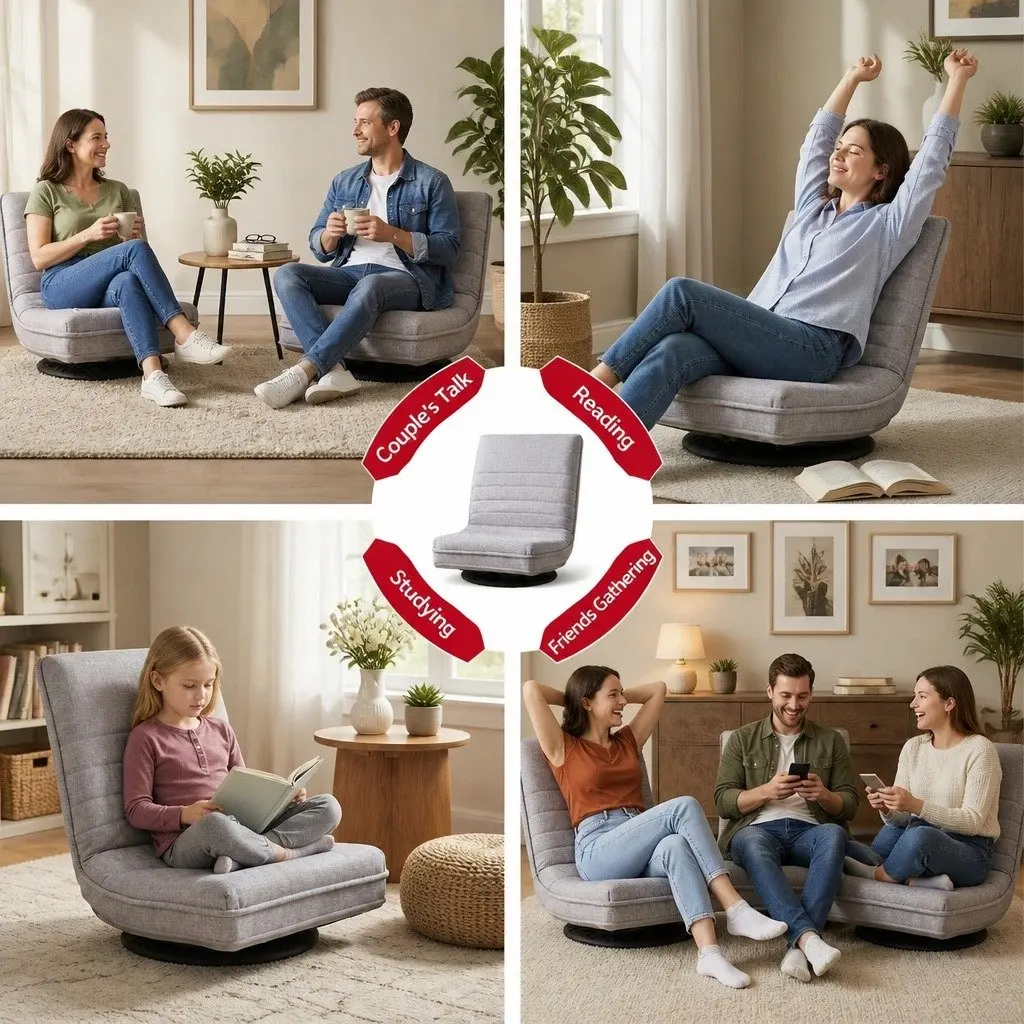 Swivel Floor Chair Adjustable Foldable Lounge Seat Beige Fabric 45cm W x 55cm D x 57cm H Metal Frame