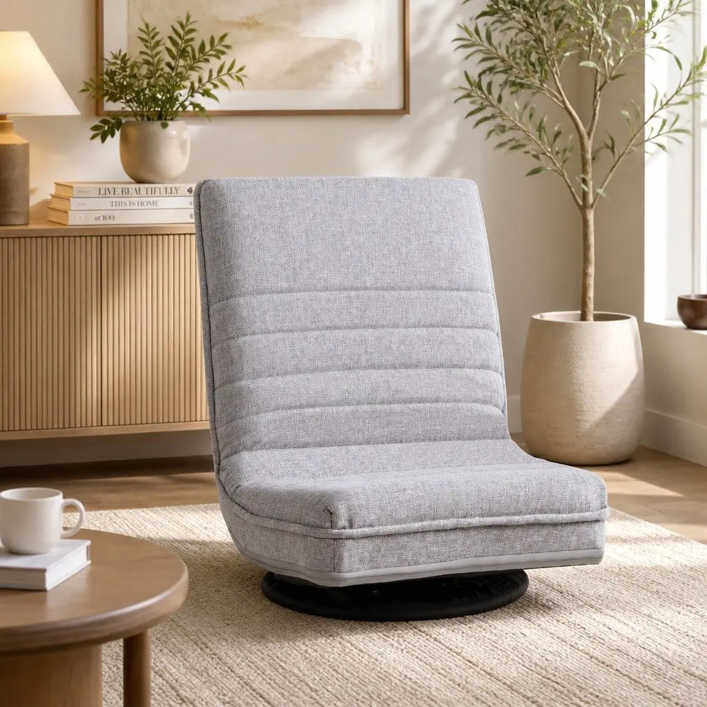 Swivel Floor Chair Adjustable Foldable Lounge Seat Beige Fabric 45cm W x 55cm D x 57cm H Metal Frame
