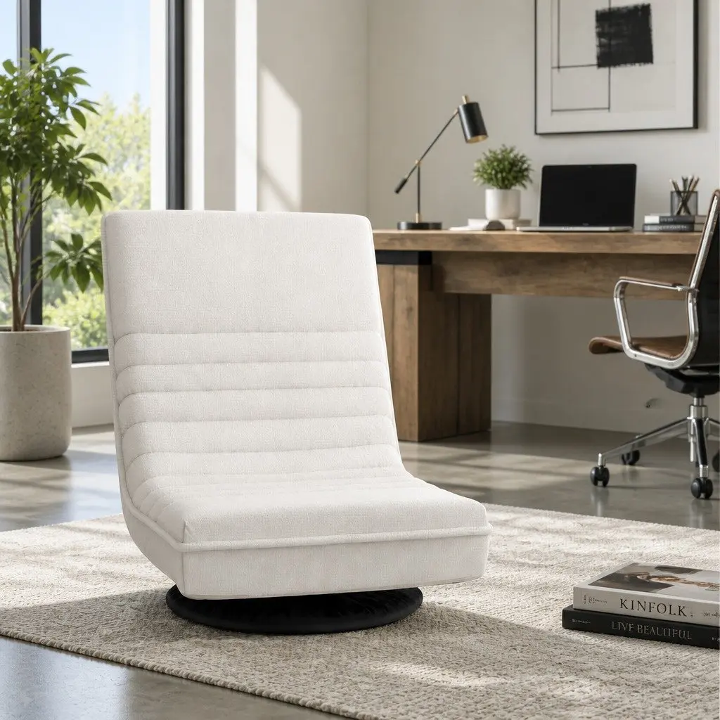 Floor Recliner Chair Swivel Foldable Lounge Sofa White Linen 45cmW x 55cmD x 57cmH