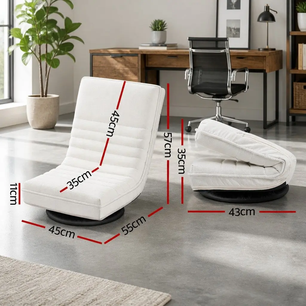 Floor Recliner Chair Swivel Foldable Lounge Sofa White Linen 45cmW x 55cmD x 57cmH