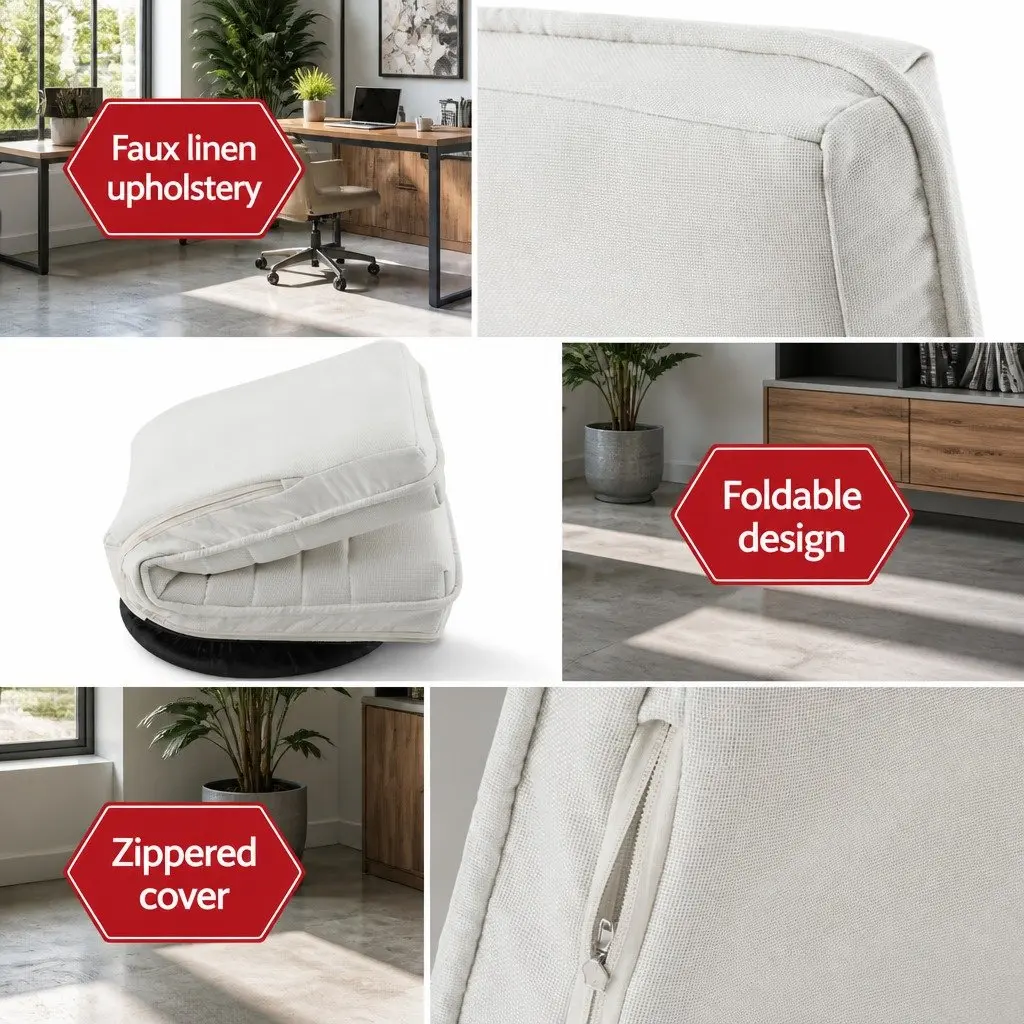 Floor Recliner Chair Swivel Foldable Lounge Sofa White Linen 45cmW x 55cmD x 57cmH