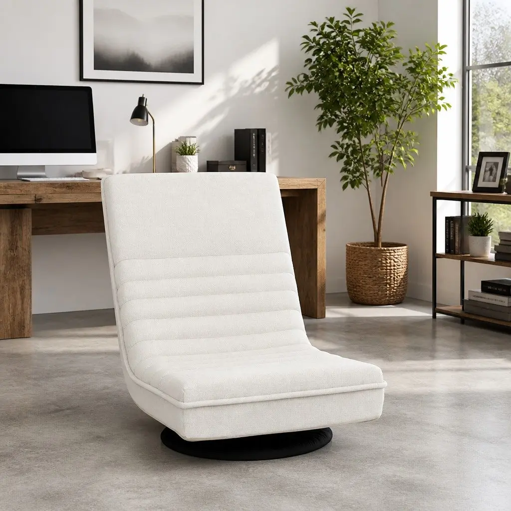 Floor Recliner Chair Swivel Foldable Lounge Sofa White Linen 45cmW x 55cmD x 57cmH
