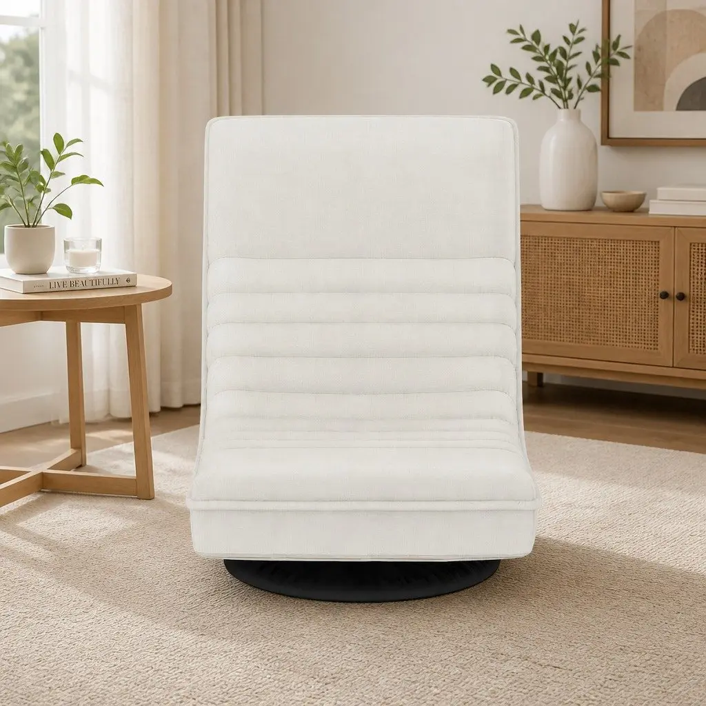Floor Lounge Chair Swivel Recliner Foldable White Faux Linen Fabric Steel