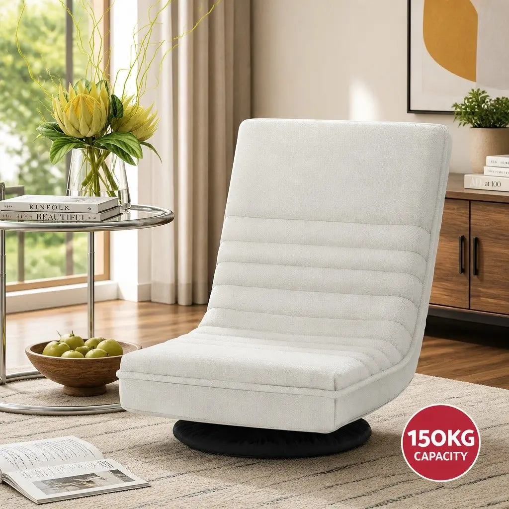 Floor Lounge Chair Swivel Recliner Foldable White Faux Linen Fabric Steel