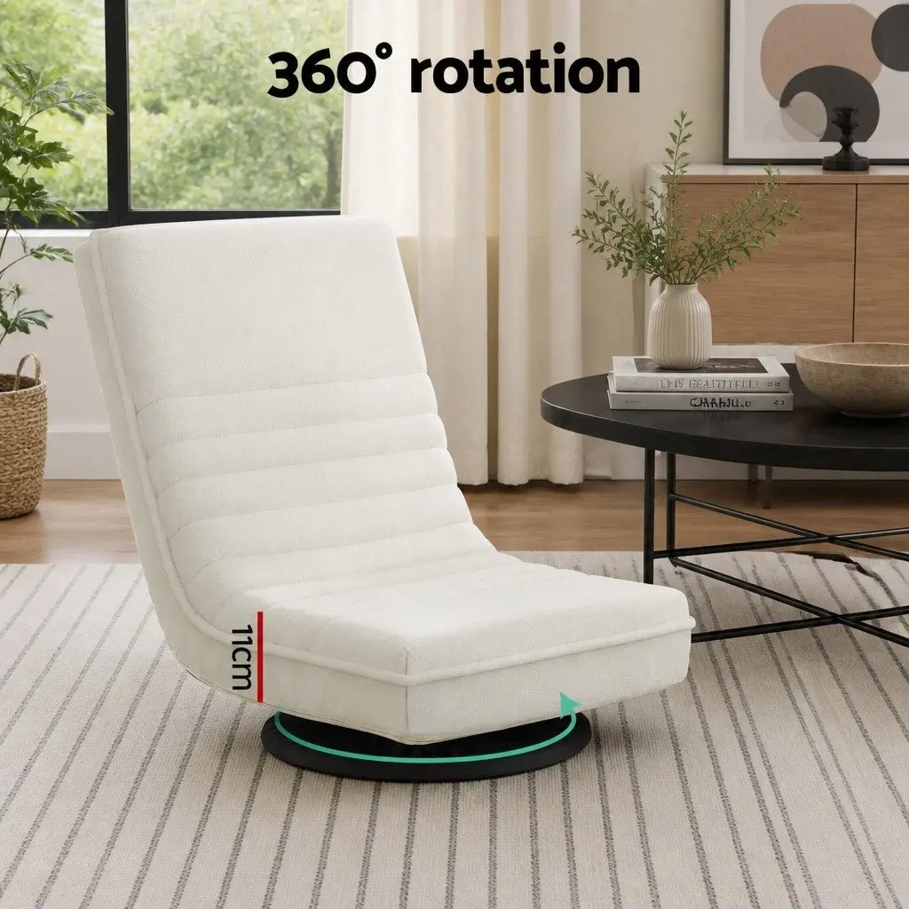 Floor Lounge Chair Swivel Recliner Foldable White Faux Linen Fabric Steel