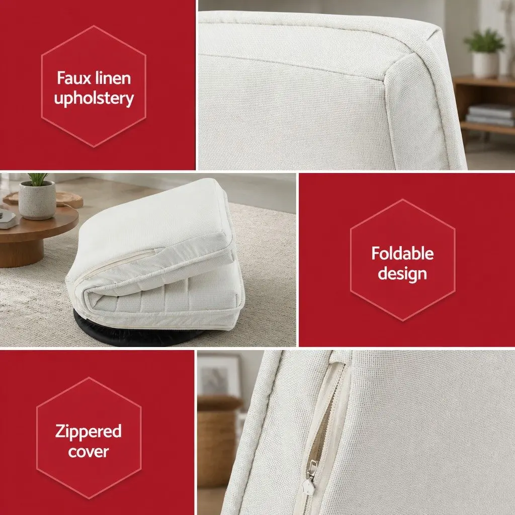 Floor Lounge Chair Swivel Recliner Foldable White Faux Linen Fabric Steel