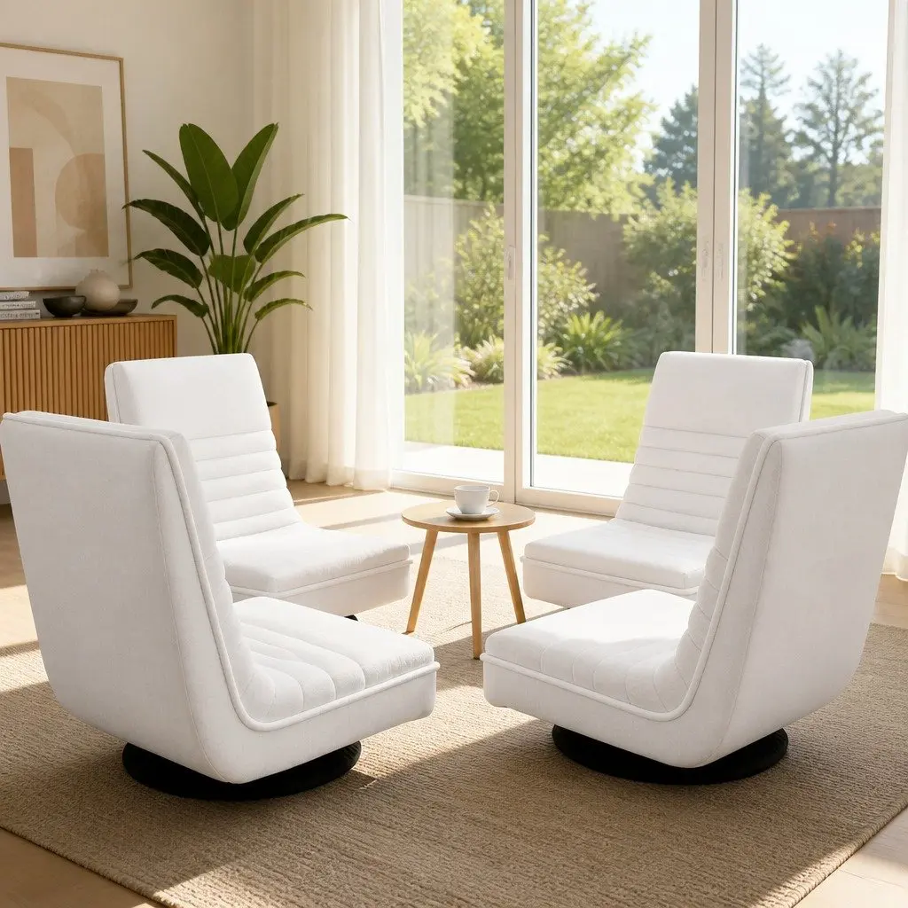Floor Lounge Chair Swivel Recliner Foldable White Faux Linen Fabric Steel