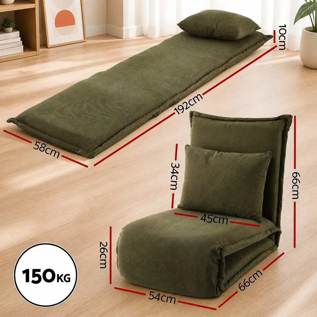 Floor Lounge Sofa Bed Adjustable Recliner Chair Green Corduroy 50cm x 73cm x 63cm