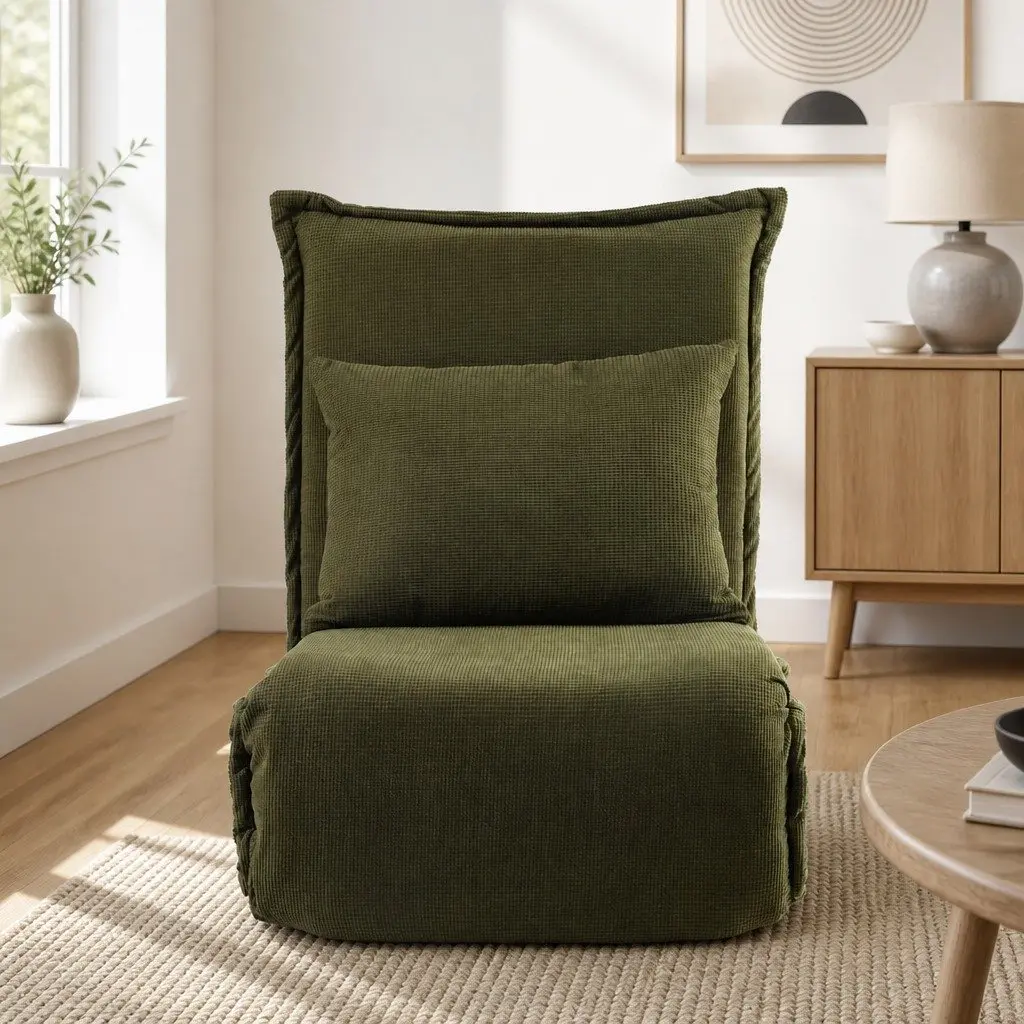 Floor Lounge Sofa Bed Adjustable Recliner Chair Green Corduroy 50cm x 73cm x 63cm