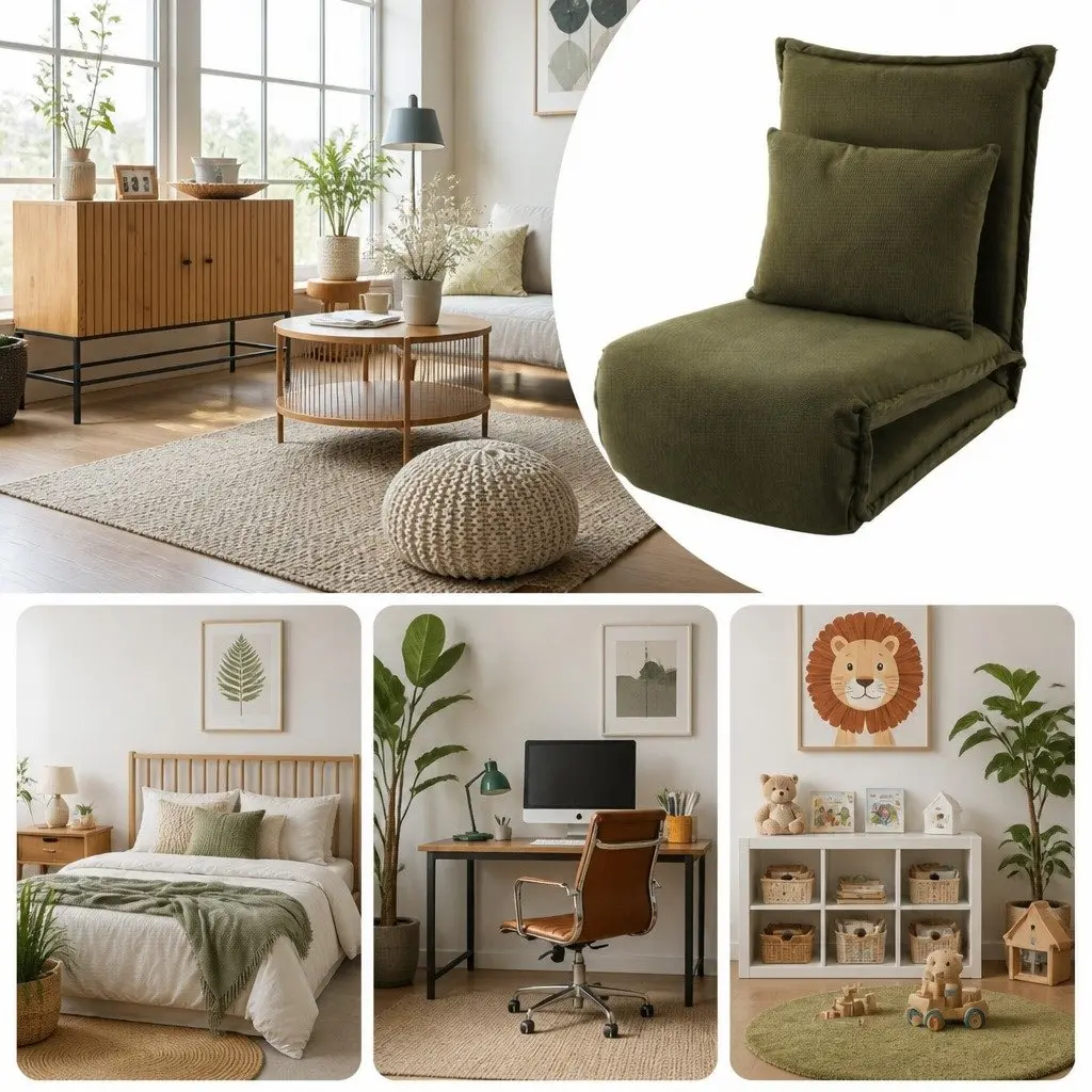 Floor Lounge Sofa Bed Adjustable Recliner Chair Green Corduroy 50cm x 73cm x 63cm