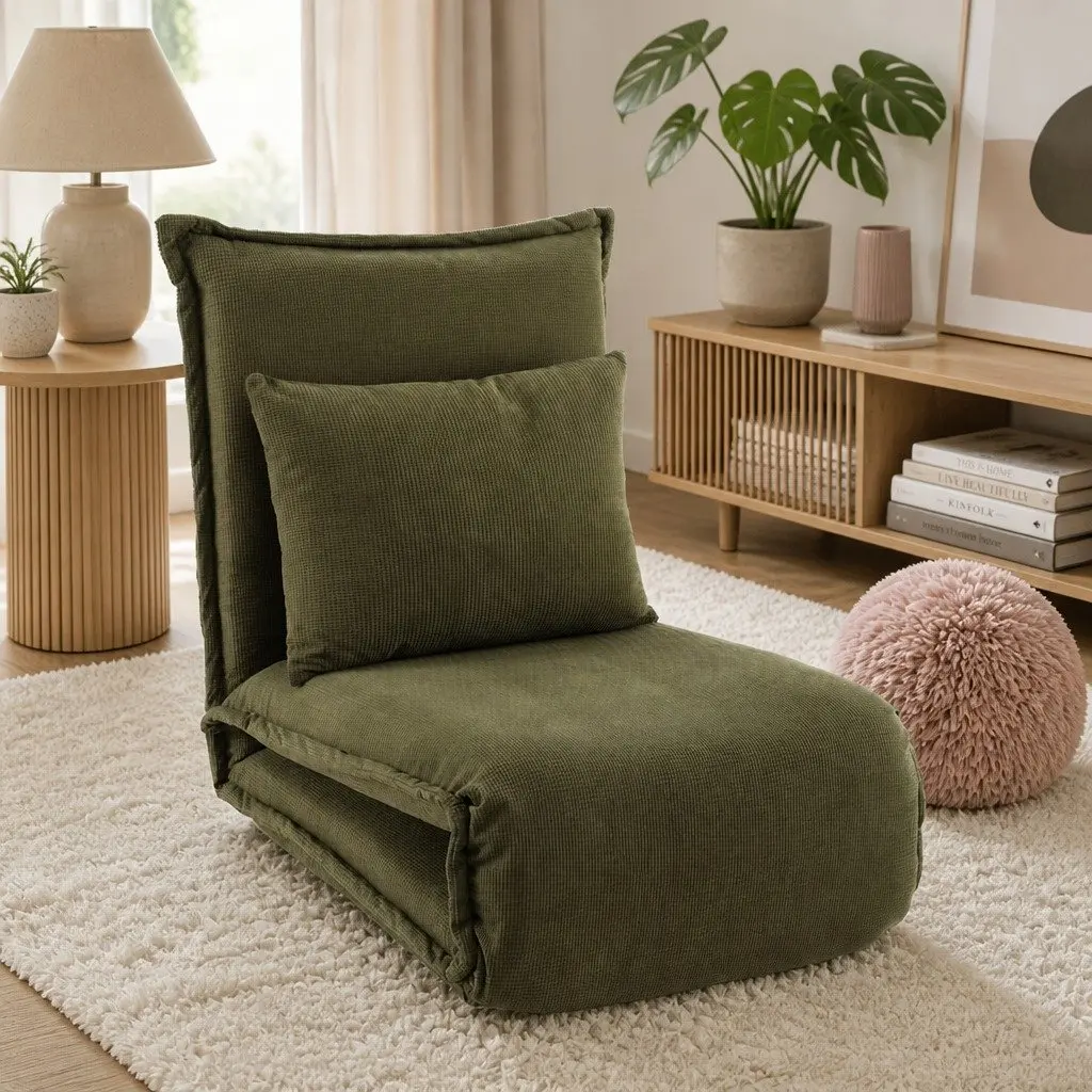 Floor Lounge Sofa Bed Adjustable Recliner Chair Green Corduroy 50cm x 73cm x 63cm