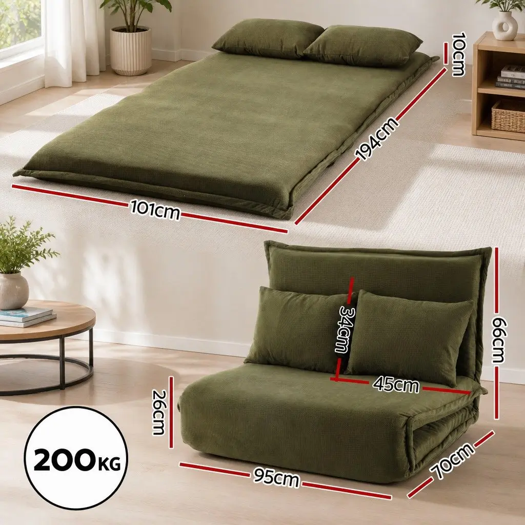 Green Corduroy Floor Lounge Sofa Bed 2 Seater