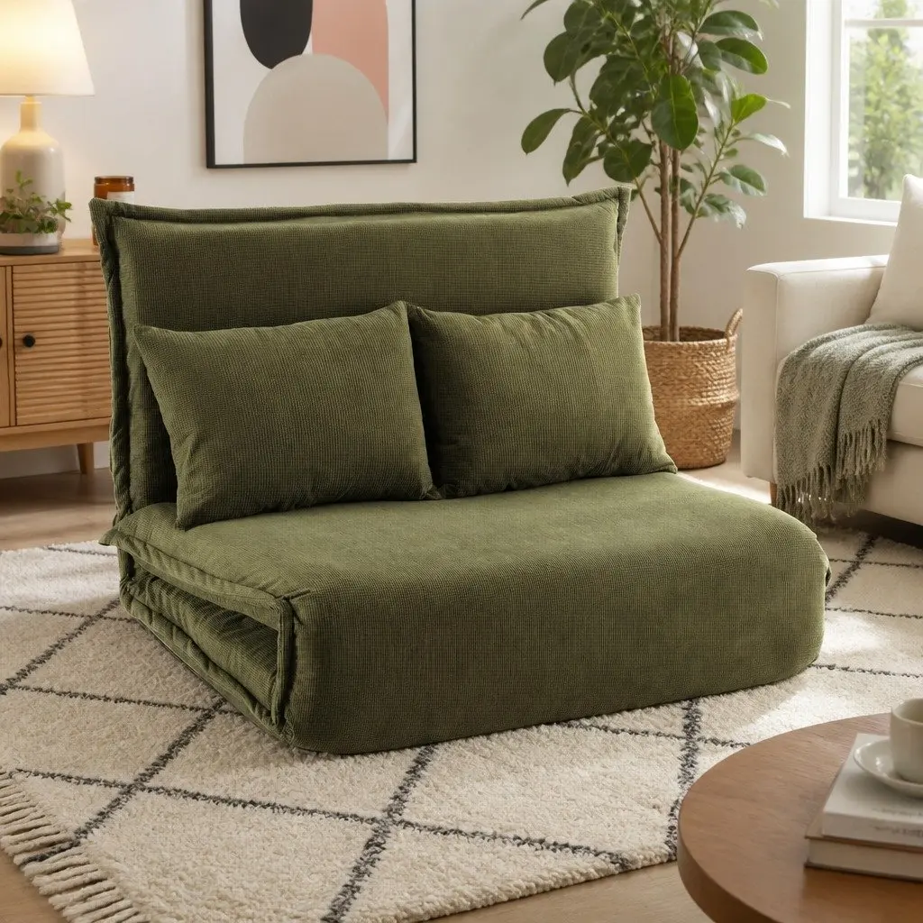 Green Corduroy Floor Lounge Sofa Bed 2 Seater