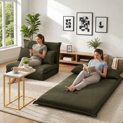 Green Corduroy Lounge Sofa Bed and Marble Side Table