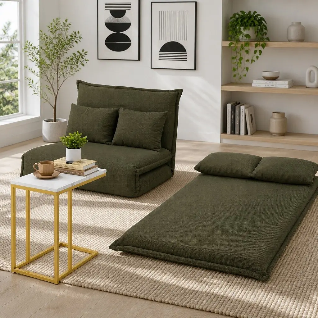 Floor Lounge Sofa Bed Chair Green Corduroy 2-Seater with Adjustable Backrest and C-Shaped Marble Effect Side Table