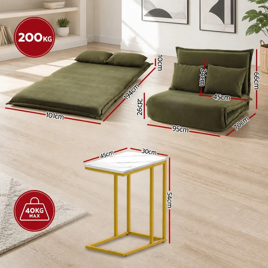 Floor Lounge Sofa Bed Chair Green Corduroy 2-Seater with Adjustable Backrest and C-Shaped Marble Effect Side Table