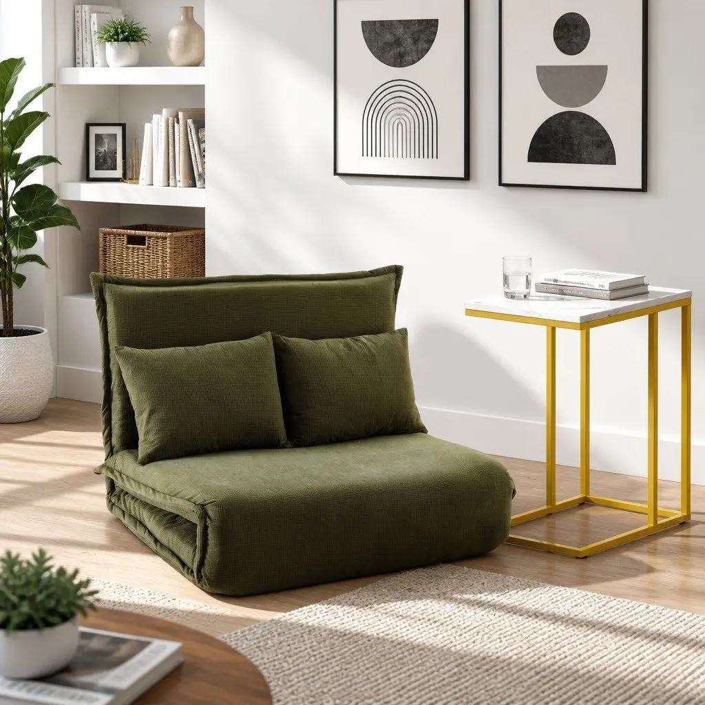 Floor Lounge Sofa Bed Chair Green Corduroy 2-Seater with Adjustable Backrest and C-Shaped Marble Effect Side Table