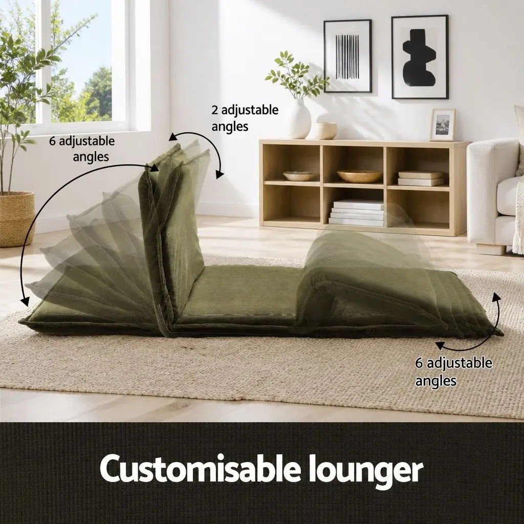 Floor Lounge Sofa Bed Chair Green Corduroy 2-Seater with Adjustable Backrest and C-Shaped Marble Effect Side Table