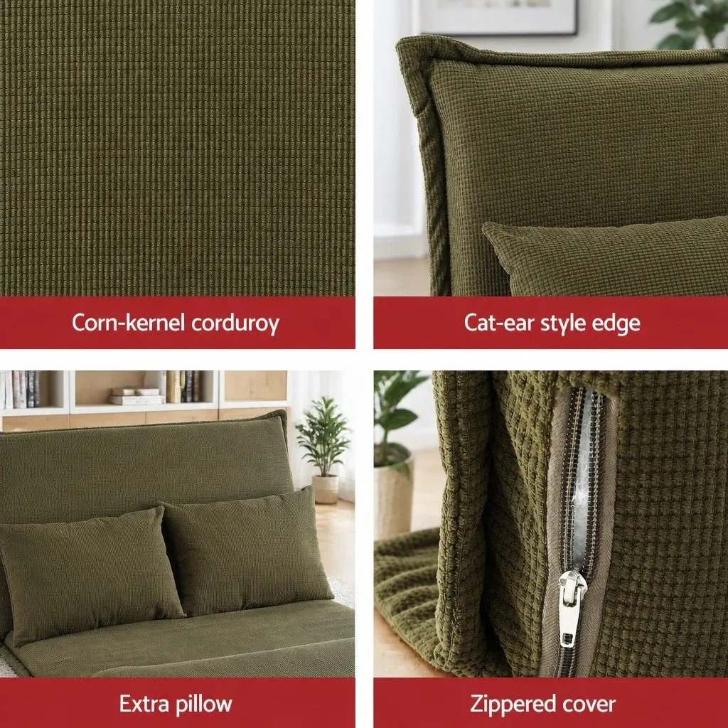 Floor Lounge Sofa Bed Chair Green Corduroy 2-Seater with Adjustable Backrest and C-Shaped Marble Effect Side Table