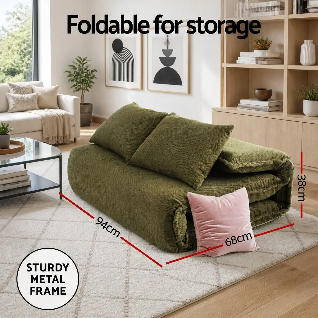 Floor Lounge Sofa Bed Chair Green Corduroy 2-Seater with Adjustable Backrest and C-Shaped Marble Effect Side Table