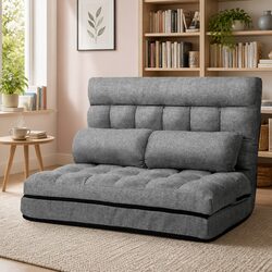 Grey Faux Linen Fabric Floor Lounge Sofa Bed 2-Seater