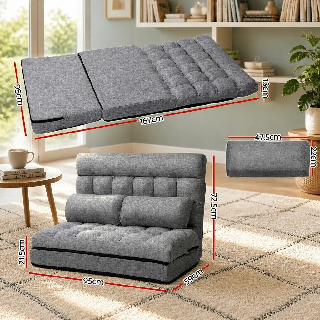 Grey Faux Linen Fabric Floor Lounge Sofa Bed 2-Seater