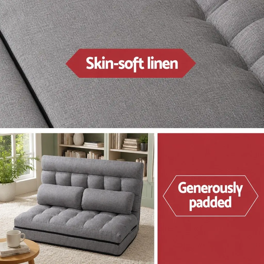 Grey Faux Linen Fabric Floor Lounge Sofa Bed 2-Seater