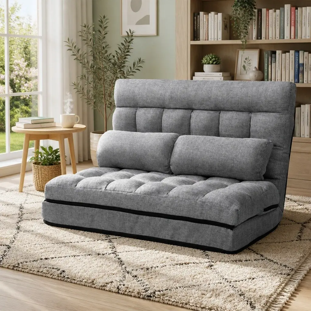 Grey Faux Linen Fabric Floor Lounge Sofa Bed 2-Seater