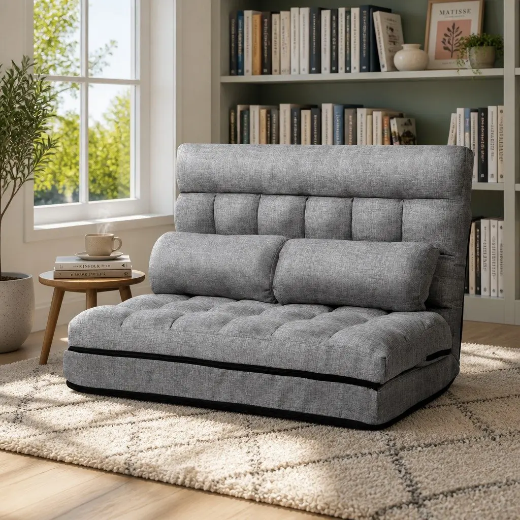 Grey Faux Linen Fabric Floor Lounge Sofa Bed 2-Seater