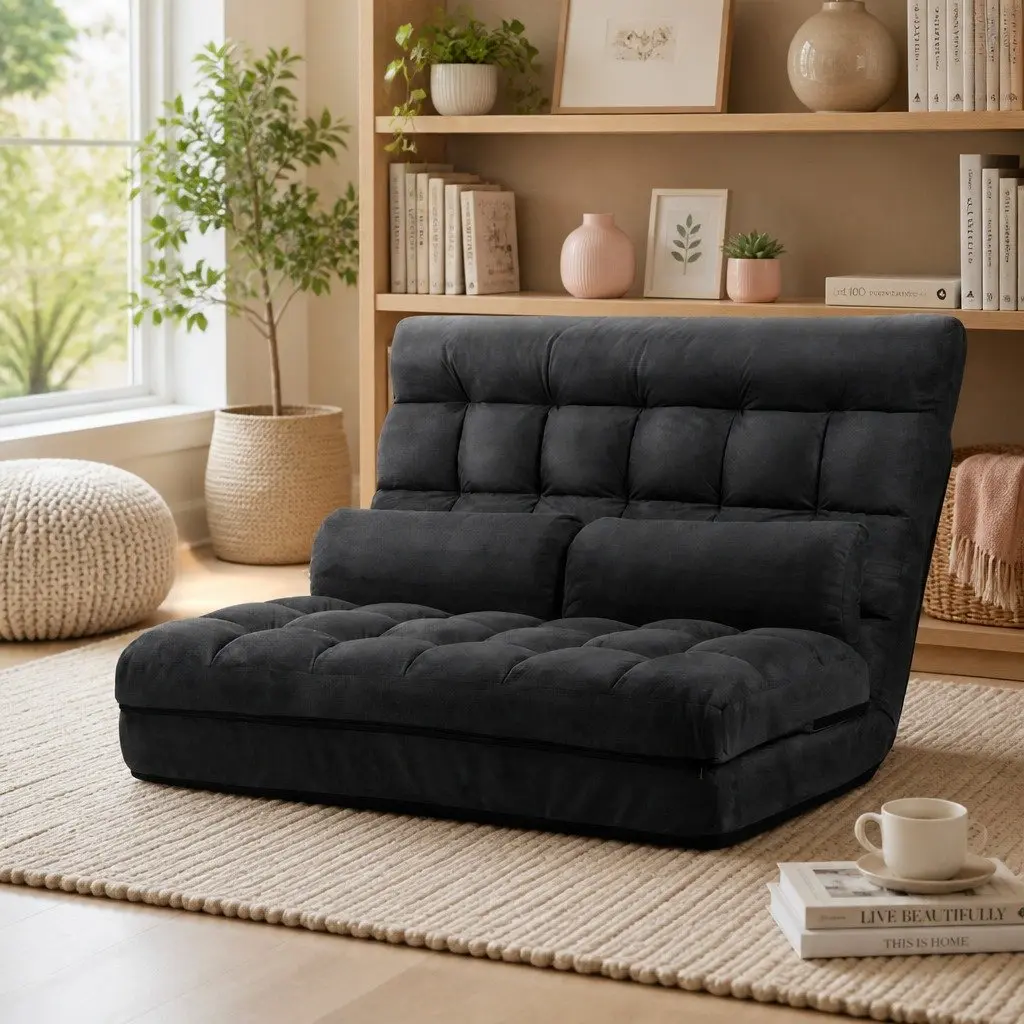 Charcoal 2-Seater Floor Lounge Sofa Bed with Recline