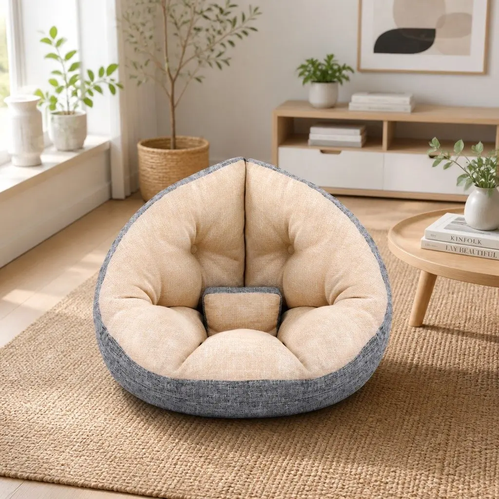 Floor Lounge Sofa Bed Chair 4-in-1 Foldable Recliner Daybed Faux Linen Fabric Beige