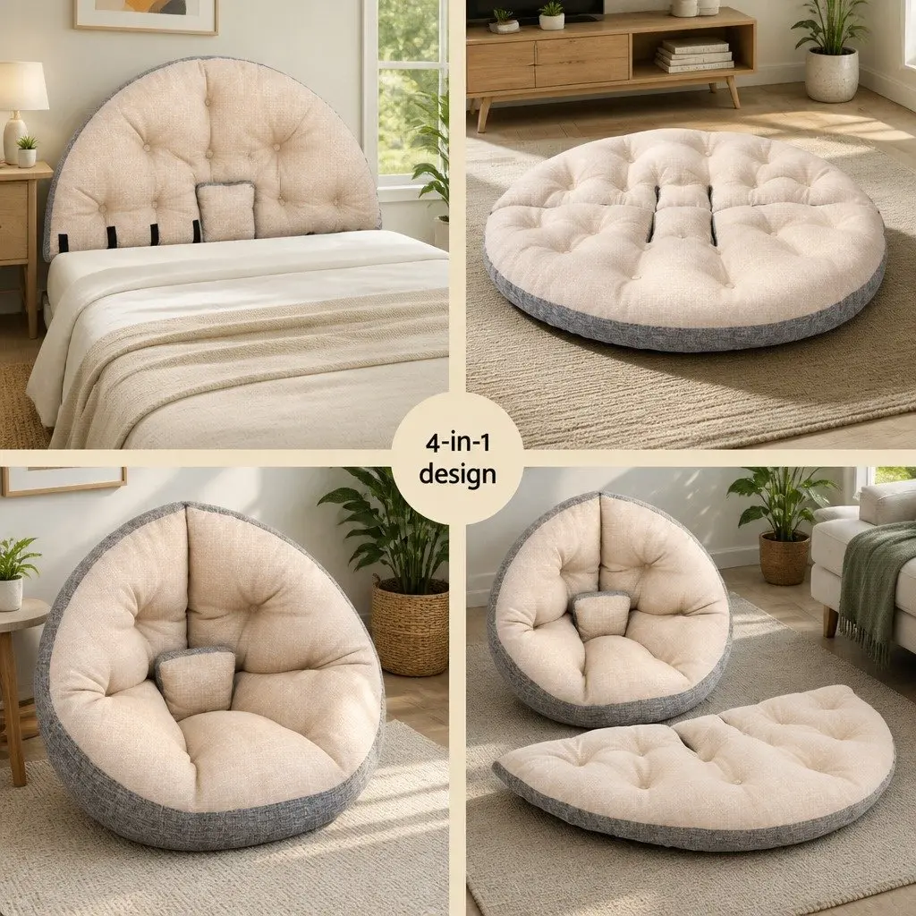 Floor Lounge Sofa Bed Chair 4-in-1 Foldable Recliner Daybed Faux Linen Fabric Beige