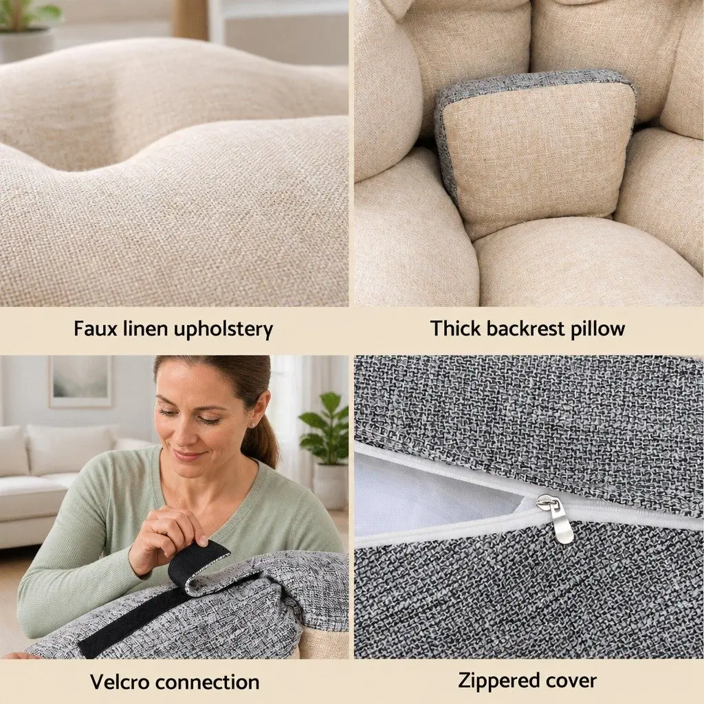 Floor Lounge Sofa Bed Chair 4-in-1 Foldable Recliner Daybed Faux Linen Fabric Beige