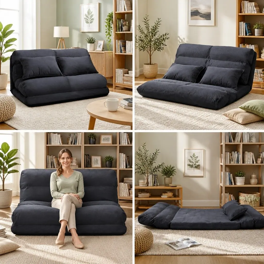 Charcoal 2-Seater Adjustable Floor Lounge Sofa Bed