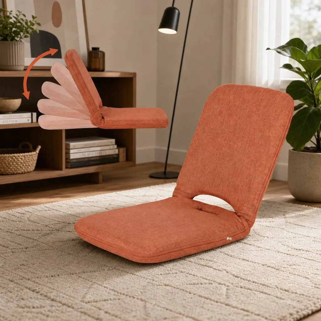 Floor Chair Adjustable 5 Position Orange Foldable Recliner High Resilience Sponge