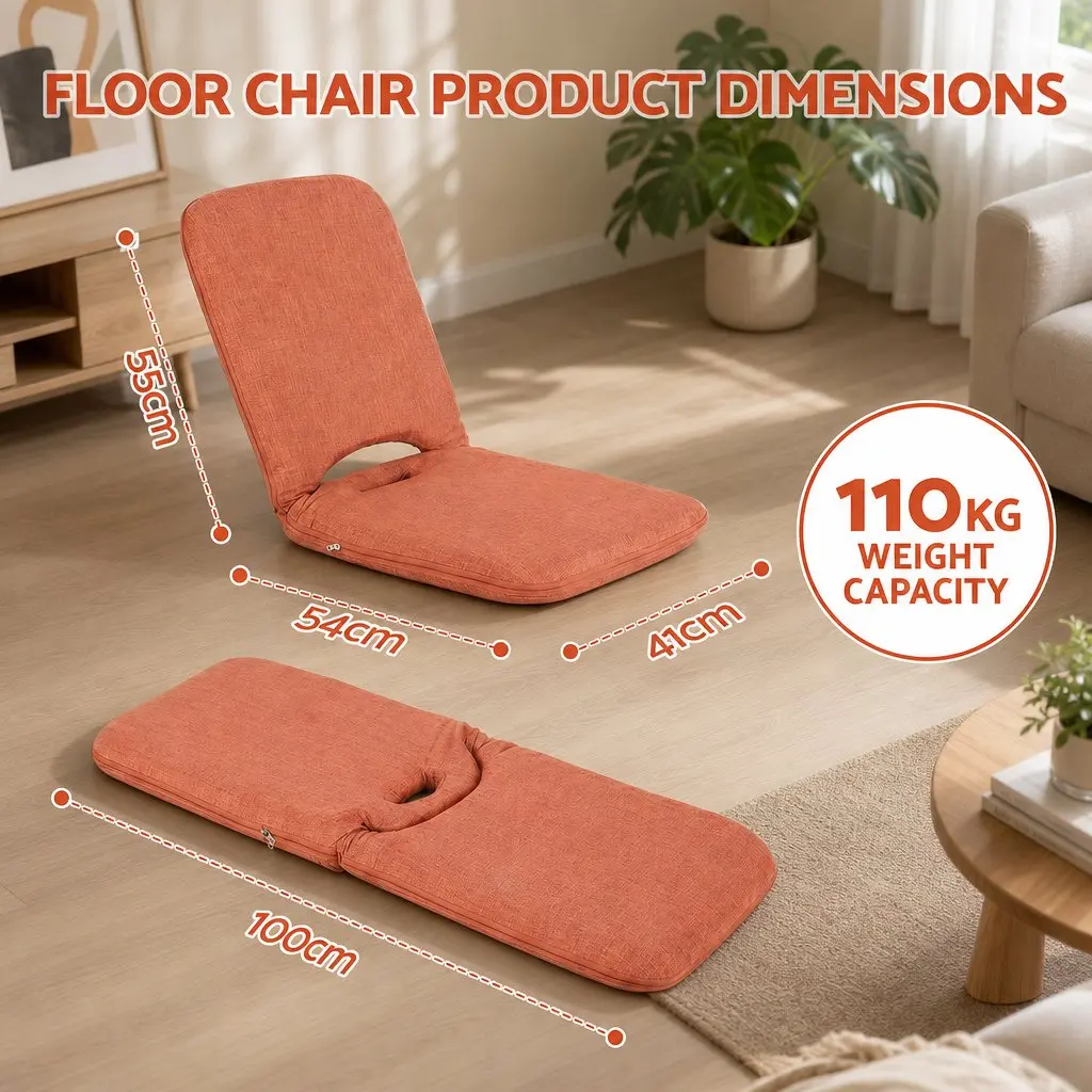 Floor Chair Adjustable 5 Position Orange Foldable Recliner High Resilience Sponge