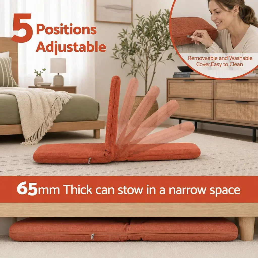 Floor Chair Adjustable 5 Position Orange Foldable Recliner High Resilience Sponge