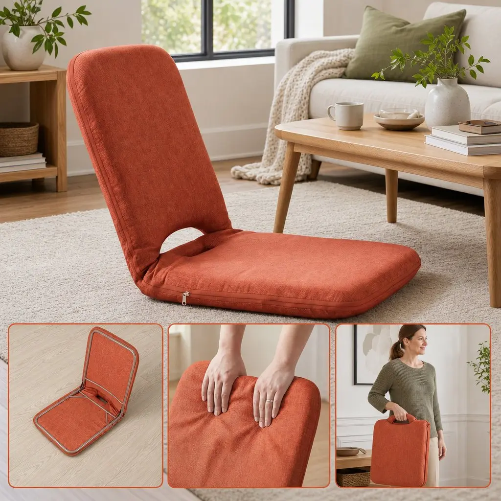 Floor Chair Adjustable 5 Position Orange Foldable Recliner High Resilience Sponge