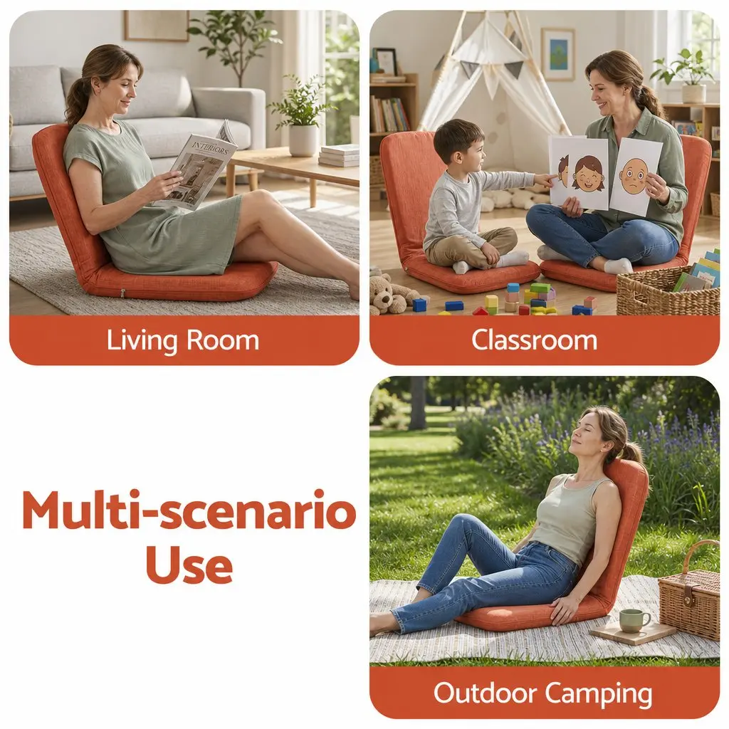 Floor Chair Adjustable 5 Position Orange Foldable Recliner High Resilience Sponge