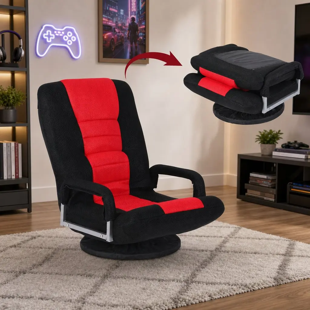 Gaming Chair Floor Seating Compact Foldable 360 Swivel Adjustable Backrest Black and Red