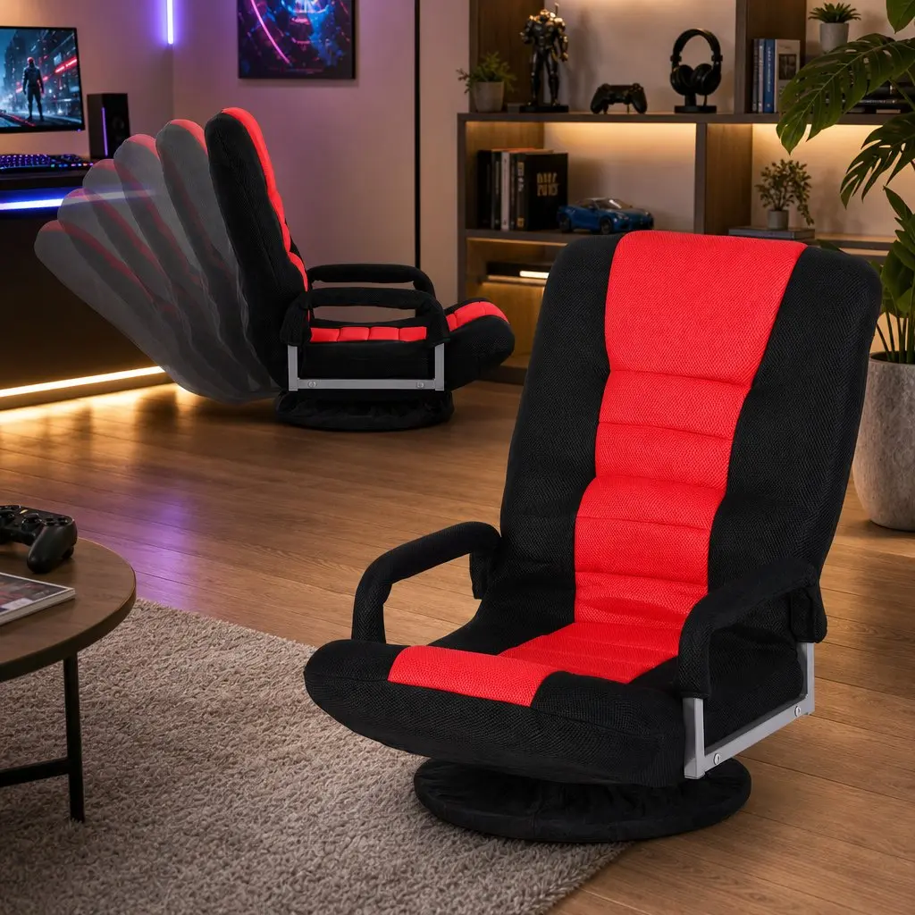 Gaming Chair Floor Seating Compact Foldable 360 Swivel Adjustable Backrest Black and Red