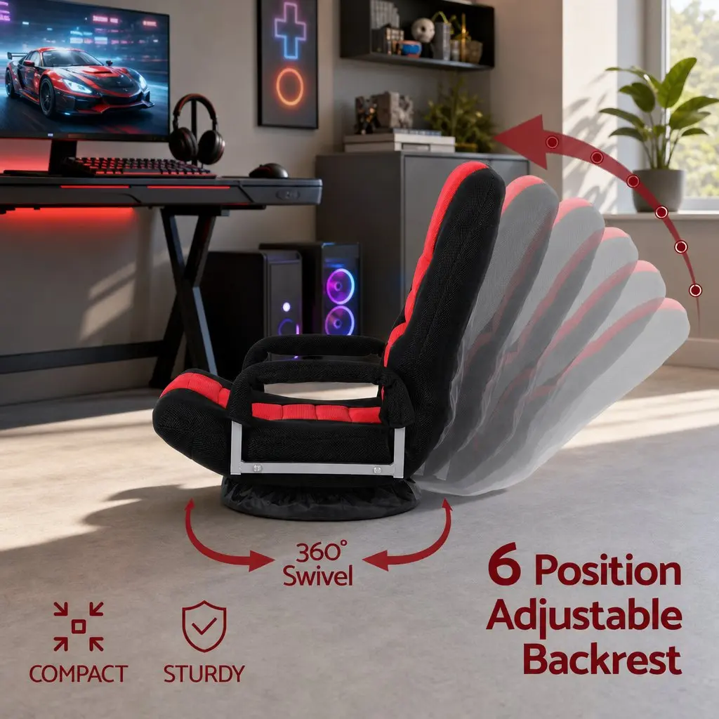 Gaming Chair Floor Seating Compact Foldable 360 Swivel Adjustable Backrest Black and Red
